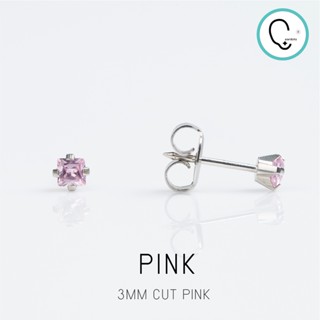 (ส่งฟรี)ต่างหูสำหรับผิวแพ้ง่าย CZ 3x3mm Cut Pink ก้านสีเงิน สแตนเลสเกรดการแพทย์ ปลอดภัย 100%_STD053