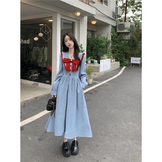 ชุดเดรสแขนยาว ผ้าลูกฟูก ประดับโบว์ ขนาดกลาง สไตล์ฝรั่งเศส แฟชั่นเจ้าหญิง