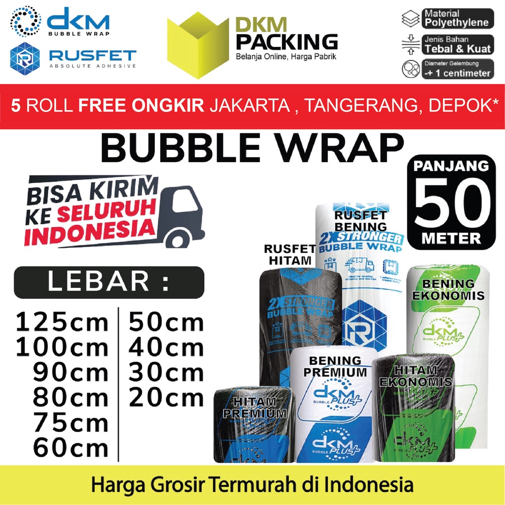 Bubble Wrap Packing Plastic 50M Dkm + Rusfet Bubblewrap ม้วนหนา