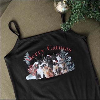 MOST🎄 Christmas tank top สีดำ เสื้อสายเดี่ยวลายคริสมาสต์วินเทจ คุณภาพดี TOP