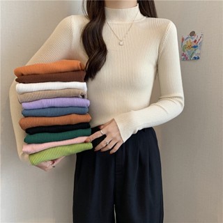 ส่งไวจากไทย พร้อมส่ง ผู้หญิงแฟชั่นพื้นฐานถักเสื้อแขนยาวเกาหลีครึ่งคอเต่าสบายๆบางท็อปส์