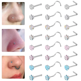 1 ชิ้นคริสตัลสีสันสดใสสแตนเลสจมูกเจาะรอบหัวใจ Star CZ Studs Nostril เครื่องประดับ
