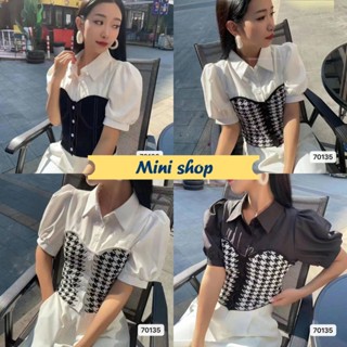 Mini shop🌸พร้อมส่ง🌸 (70135/70136/FY70141) เสิ้อคอปกเชิ้ต+ไหมพรมครึ่งตัว แขนสั้น ลายเรียบกับลายชิโนริ