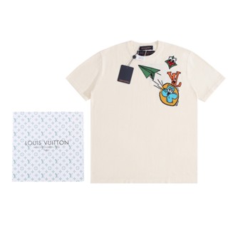 L -- V -- เสื้อแขนสั้น ผ้าถัก ลายการ์ตูนเครื่องบิน ไอคอน แจ็คคาร์ด สุดฮา คุณภาพสูง ลําลอง แฟชั่น