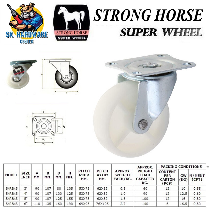 ล้อPVCขาวแบบแป้นหมุนรอบตัว ชนิดไม่มีเบรก มีขนาดให้เลือก 3-6นิ้ว STRONG HORSE (ตราม้าขาว)
