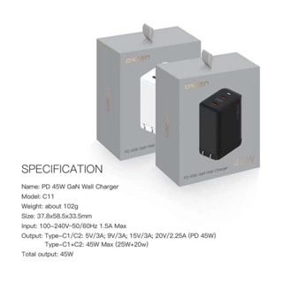 ORSEN รุ่น C11Adapter หัวชาร์จเร็ว 2 พอร์ต Type C PD 45W GaN QC 4.0