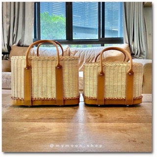 F16 Beach tote bag made of rattan and light brown leather กระเป๋าหวายสาน