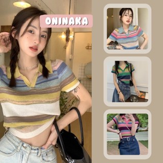 Oninaka เสื้อไหมพรมสีลูกกวาด คอปก เสื้อยืด เสื้อแฟชั่นผญ K305#