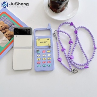 Jusheng เคสโทรศัพท์มือถือแฟชั่น ประดับขนเฟอร์บอล โซ่ยาว สําหรับ Samsung Z Flip5 Z Flip4 Z Flip3