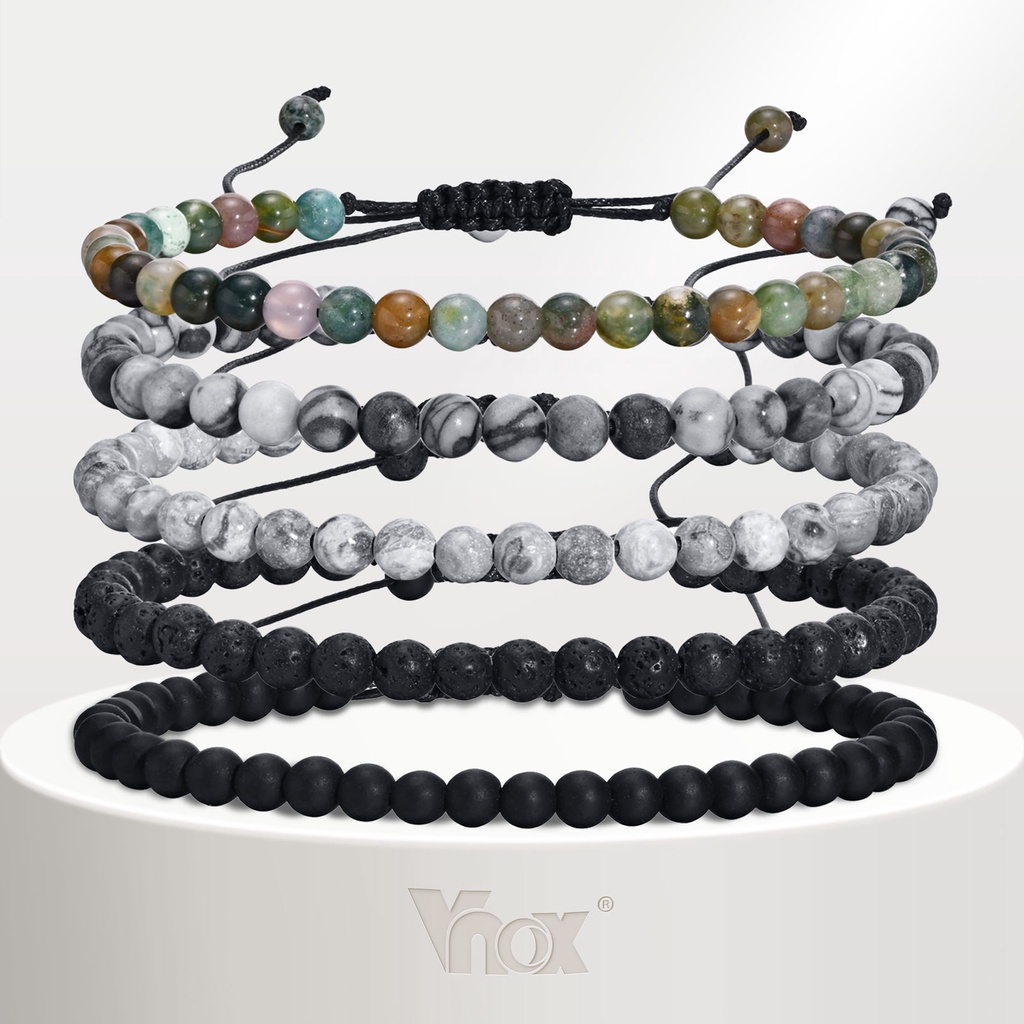Vnox สร้อยข้อมือหินภูเขาไฟธรรมชาติ หินแผนที่หินอ่อน สีดํา ปรับได้ 4 มม. 6 มม. ของขวัญ สําหรับผู้ชาย