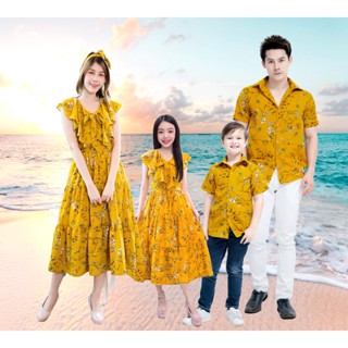 ชุดครอบครัว เดรสสวย Vintage Mustard ชุดคู่แม่ลูก เดรสยาว Vintage Mustard เดรสคอวี ชุดไปเที่ยวทะเล เดรสสีเหลือง เสื้อเชิ๊