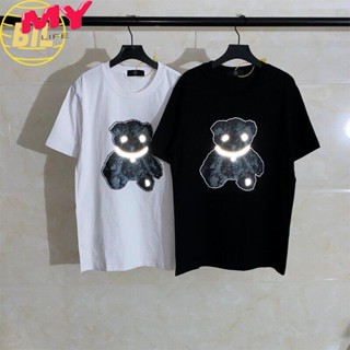 LIFE BIL เสื้อยืดคู่รัก เสื้อยืดคู่รัก สินค้าพร้อมส่งสินค้าใหม่ WELL Teddy Bear 3M Tee สร้อยคอสะท้อนแสงลายข้อความแขนสั้น