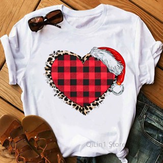 Plaid Love Santa Hat Print Ladies Merry Christmas Shirt Womens T-shirts Xmas Party Clothes Funny T Shirts Female Graphi