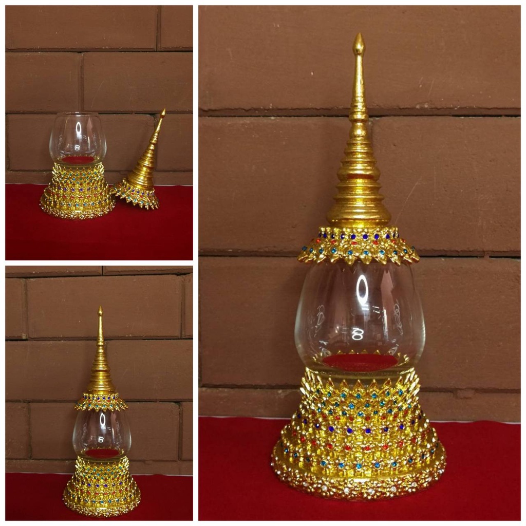 เจดีย์ ใส่พระธาตุ ทรงฐานกลม ปลายบัว(M/KRB) ฐาน10เซน สูง27เซน งานปิดทองแก้วบรั่นดี 9 ออนซ์