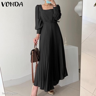 ✢Vonda ชุดเดรสยาว แขนยาว คอสี่เหลี่ยม แต่งจับจีบ สีพื้น สไตล์เกาหลี สําหรับผู้หญิง