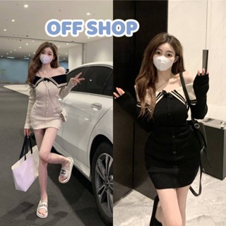 OFF SHOP พร้อมส่ง (OFF-6578) ชุดเดรสไหมพรม แขนยาว คอปกผ้าร่องรัดรูปน่ารัมาก