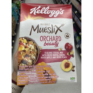 Kellogg ‘s Hi - Fibre Mueslix Orchard Beauty Cereal Mix With Dried Papaya , Raisin , Dried Apple and Dried Peach 355 G. ( ตรา เคลล็อกส์ ) มูสลิกส์ ออร์ชาร์ด บิวตี้ ธัญพืชผสม มะละกอ ลูกเกด แอปเปิ้ล และ พีช