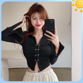 เสื้อโปโลแขนยาว คอปก เอวสูง ขนาดเล็ก เข้ารูป แฟชั่นฤดูใบไม้ร่วง สําหรับเด็กผู้หญิง