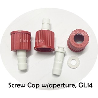 Screw-cap, w/aperture, GL14, red PBT+Plastic-hose contion w/silicone rub.seals, GL14, bent