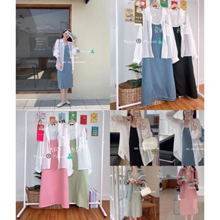Set สไตล์สาว korea เดรสสีพื้นสายเดี่ยวปรับสายได้ ใส่แมชเสื้อเชิ้ตoversizeผ้าชีฟอง ไซส์ใหญ่ สาวอวบ พลัสไซส์ สาวอ้วน