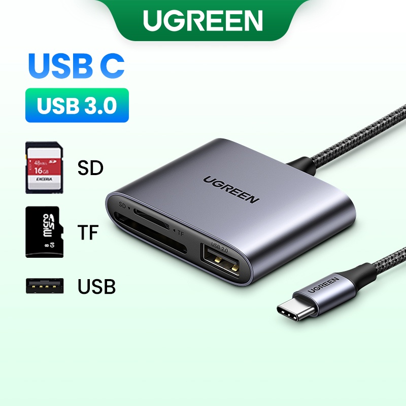 UGREEN 3 in 1 การ์ดรีดเดอร์ แบบเสียบ USB ประเภท C สำหรับอ่านการ์ด SD กล้องถ่ายภาพ for Macbook Pro fo