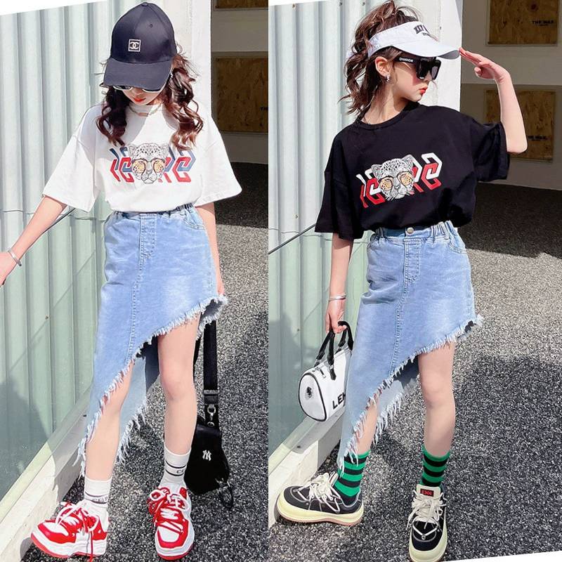 (พร้อมส่ง) ชุดเด็กผู้หญิง เสื้อ+กระโปรงยีนส์ ผ้าดีงานสวยเท่มาก