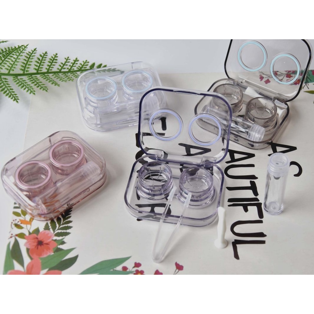 กล่องใส่คอนแทคเลนส์ สีชาแบบใส กล่องเก็บคอนแทค พร้อมอุปกรณ์ (Contact lens Box Set) ตลับคอนแทคเลนส์