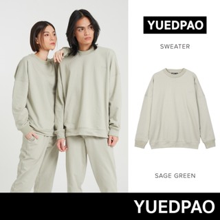 Yuedpao ยอดขาย No.1 รับประกันไม่ย้วย 2 ปี sweater  เสื้อยืดเปล่า เสื้อยืดสีพื้น เสื้อยืด Sweater สี Sage green