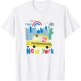 เสื้อยืดผ้าฝ้ายพรีเมี่ยม เสื้อยืด พิมพ์ลาย Peppa Pig Visits America Greetings From New York สําหรับผู้ชาย