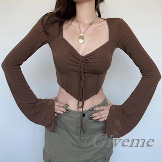 Giveme- เสื้อครอปท็อป แขนยาว คอวี สีพื้น แบบผูกเชือก สําหรับผู้หญิง