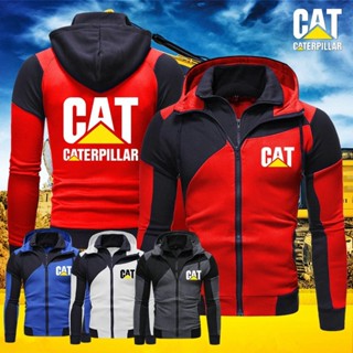 เสื้อกันหนาวแขนยาว มีฮู้ด เข้ารูป พิมพ์ลายโลโก้ Caterpillar สําหรับผู้ชาย