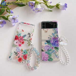 Jusheng เคสโทรศัพท์มือถือแฟชั่น ลายดอกไม้สีแดง และผีเสื้อไฮเดรนเยีย สําหรับ Samsung Z Flip4 Z Flip3