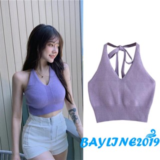 Bay- เสื้อครอปท็อป คอวี แขนกุด ผ้าถัก สีพื้น สําหรับผู้หญิง