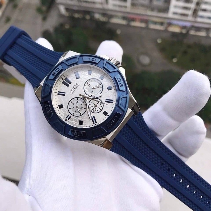 (ผ่อน0%) นาฬิกาชาย สายซิลิโคนสีน้ำเงิน GUESS Men's Silver-Tone Multi-Function Watch  ✔️Size 45 mm.