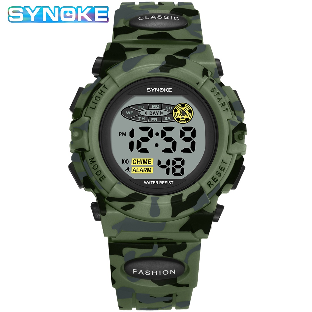 SYNOKE นาฬิกาผู้ชายมัลติฟังก์ชั่นส่องสว่าง LED ดิจิตอลกันน้ำพรางกลางแจ้งกันน้ำกีฬานาฬิกา