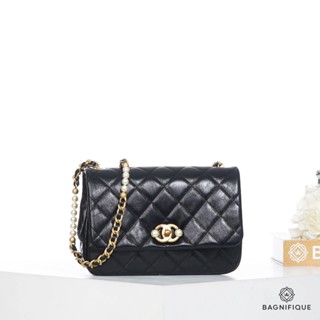 NEW CHANEL FLAP 19 10 BLACK LOGO PEARL CALF SKIN GHW