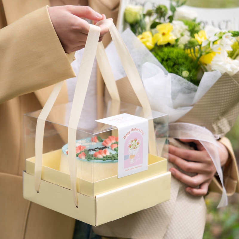 กล่องเค้กแบบใส ฐานสีเหลืองพร้อมริบบิ้นหูหิ้ว ขนาด 1 ปอนด์ - รูปที่ 2