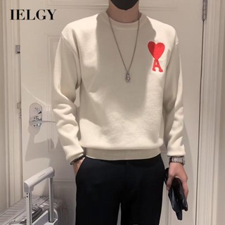 Ielgy เสื้อกันหนาว คอกลม ผ้าถัก พิมพ์ลายหัวใจ สําหรับผู้ชาย