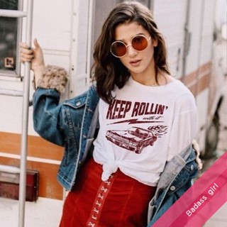 Badass girl พร้อมส่ง สไตล์ย้อนยุค เสื้อยืดสตรีสไตล์มอเตอร์ไซค์ "keep rolling" Oversize - เสื้อยืดโอเวอร์ไซส์ BG01