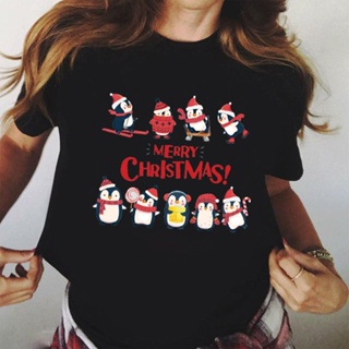 shirtCute Cartoon Penguin Graphic Women Black T-shirt Merry Christmas Letters Female Fashion Tshirts Boys Girls Short