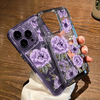 เคสโทรศัพท์มือถือ ซิลิโคนนุ่ม ใส ลายดอกไม้สีม่วง หรูหรา สําหรับ IPhone 11 12 13 14 Pro Max XR X 7 8 Plus XS Max 6 6S SE 2020