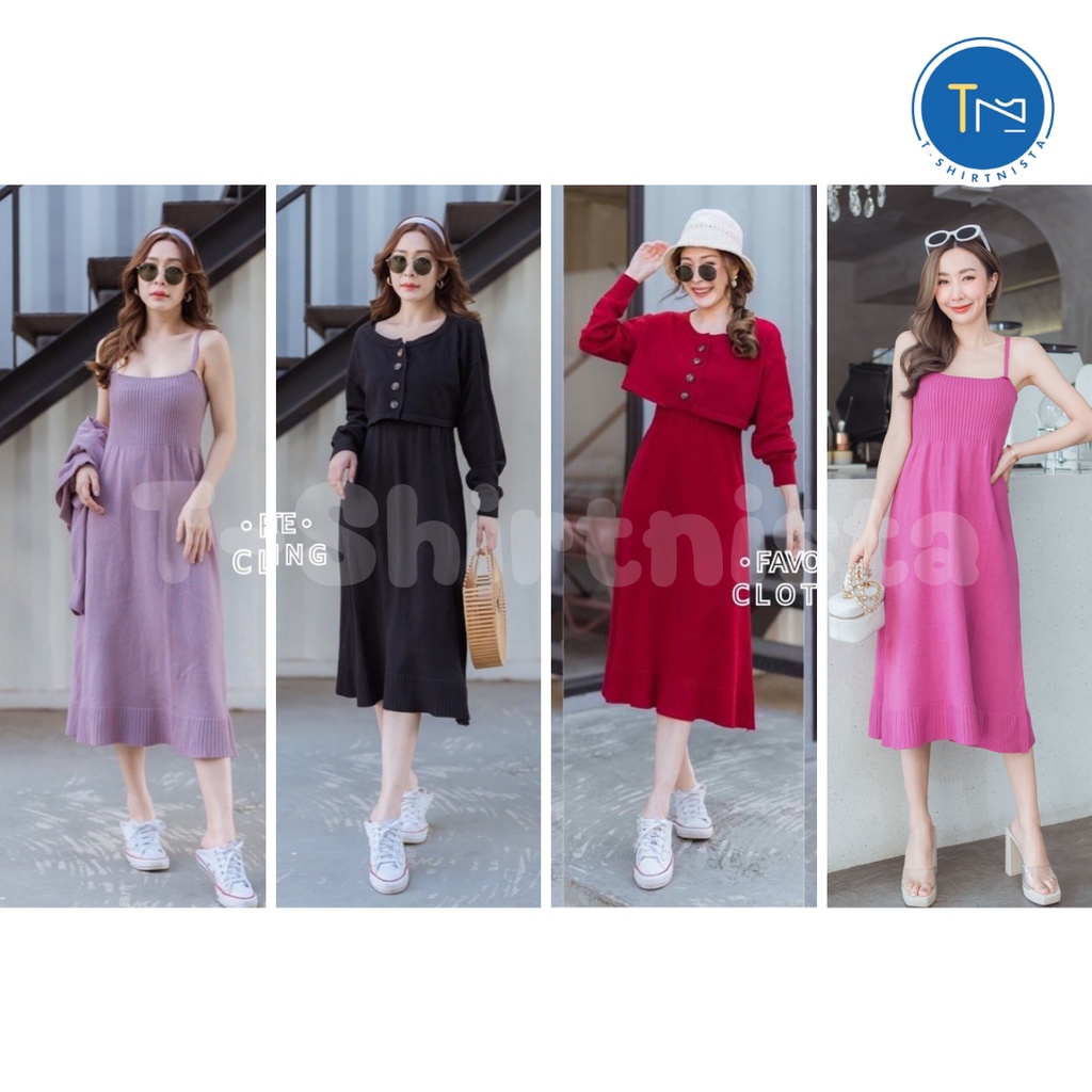 สีชมพูขายดีพร้อมส่งค่า Favorite clothing setเดรสไหมพรม+เสื้อคลุม T-Shirtnista