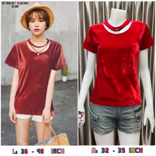 พร้อมส่ง.เสื้อยืดกํามะหยี่คอโช้คเกอร์ติดมุก S - L.