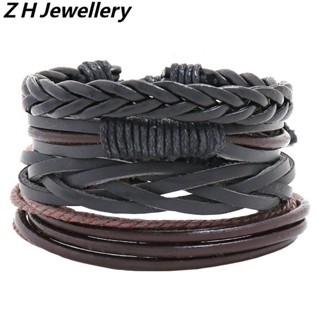 [Z H Jewelry] สร้อยข้อมือหนัง สไตล์ฮิปฮอป ร็อค เรโทร เครื่องประดับแฟชั่น สําหรับผู้ชาย 4 ชิ้น 1 ชุด