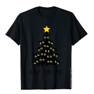 Cat Christmas Tree Shirt Cute Black Kitten Lover Meowy Gift T-Shirt Tops Shirt Family Style Cotton Men T Shirts Slim Fit