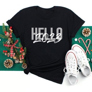 shirt[Ready Stock] Hello 2023 Women T-shirt Black Short Sleeve New Year Tops Casual Christmas