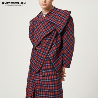 Incerun เสื้อแจ็กเก็ต คอปก แขนยาว ลายตารางหมากรุก แฟชั่นสําหรับผู้ชาย