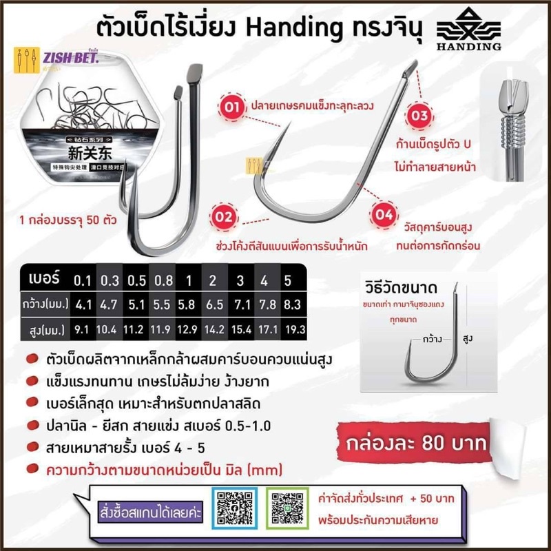 ตัวเบ็ดไร้เงี่ยง Handing (สายเจาะเกราะสายเข้าปาก) 1 กล่อง บรรจุ 50 ตัว ใช้กันยาวๆ มีขนาด #0.5- 0.8 - 1