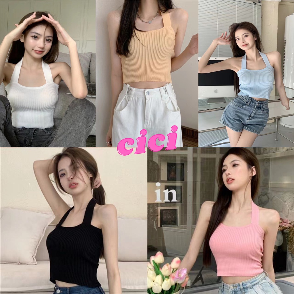 ส่งทันที Cici(NO. 1581)เสื้อทรงเกาะอกไหมพรม เีเทลสายคล้องคอ ผ้าร่อง สีสนสนใจ วัยใสเซ็กซี่น่ารัก โคเร