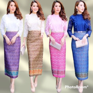 ชุดเดรสผ้าไทยสวยๆ ชุดทำงาน ชุดทำบุญในโอกาสต่างๆ งานแต่งงานบวช งานทอดกฐินผ้าป่า เสื้อลูกไมั กระโปรงพิมพ์ลายทอง